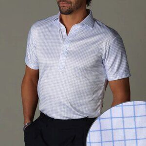 Collars & Co Semi-Spread Collar Short-Sleeve Golf Polo, Thin Blue Check